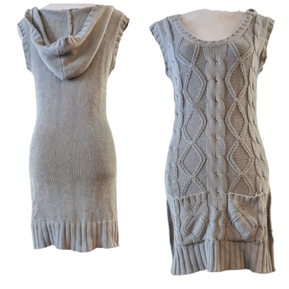 Grey Hooded cable knit sweater dress tunic size s